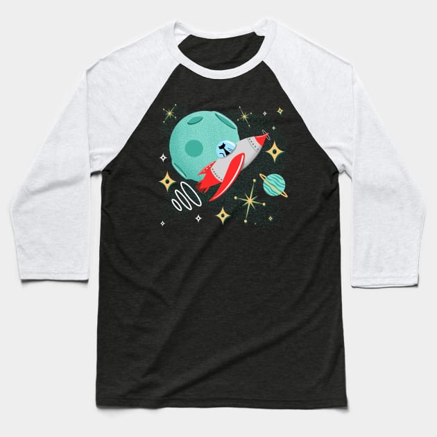 Atomic Rocket Cat Funny Mid-Century Modern Cat in Futuristic Spaceship Baseball T-Shirt by ksrogersdesigns